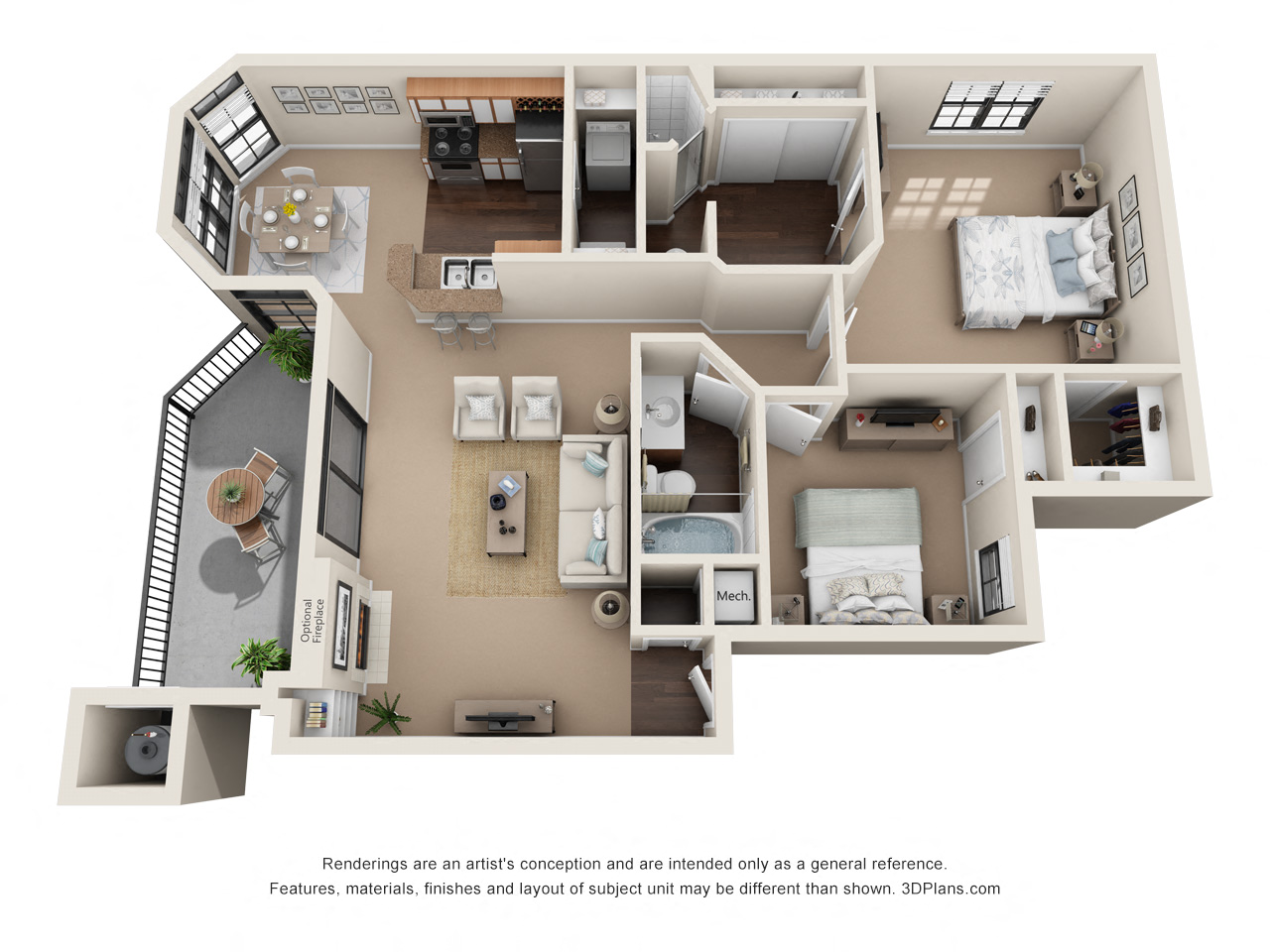 Floor plan for 2 beds, 2 baths, 1031 sqft